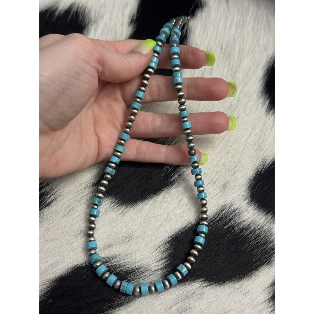 Native American Sterling Silver 5mm Navajo Pearl 6mm Turquoise HEISHI Necklace - Picture 5 of 9